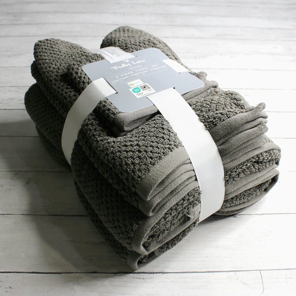 Truly Lou Bath Towel Set 100% Cotton Gray Hand Towels Washcloth 6 Piece